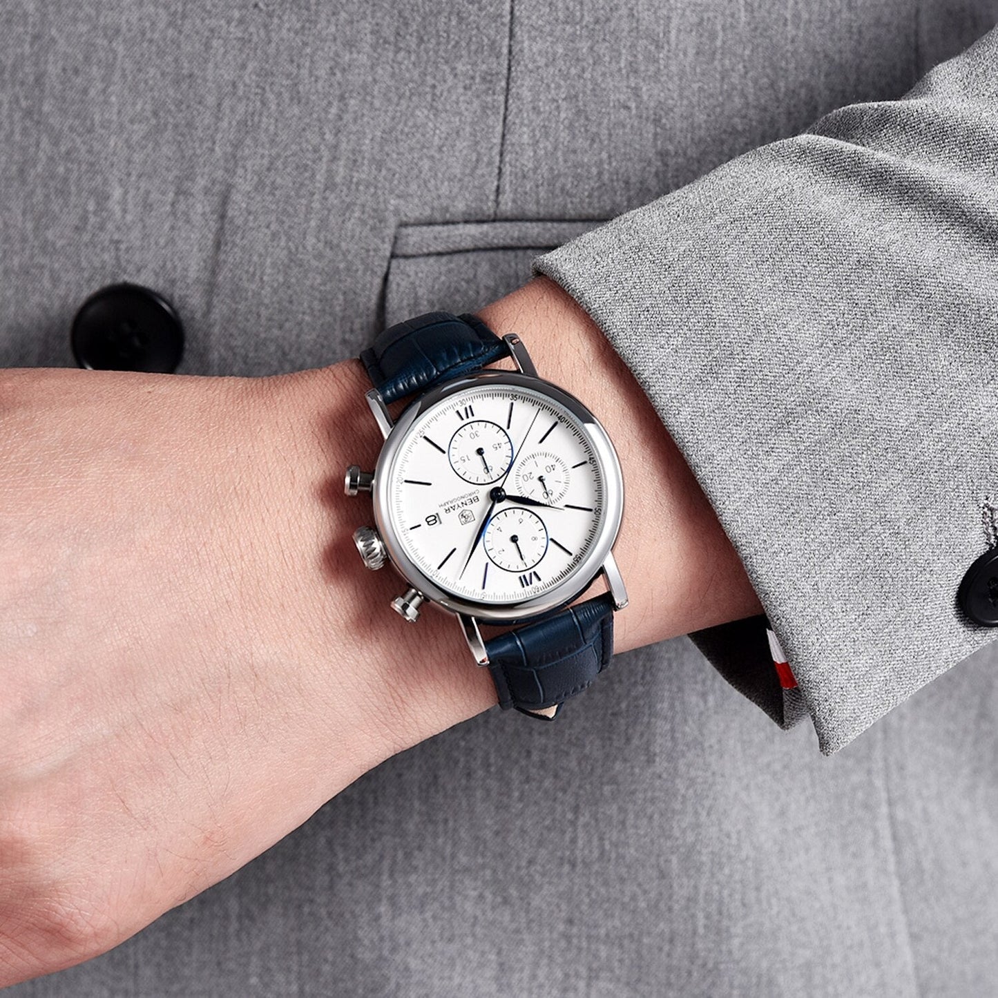 Montre chronographe Benyar avec cadran blanc et bracelet bleu