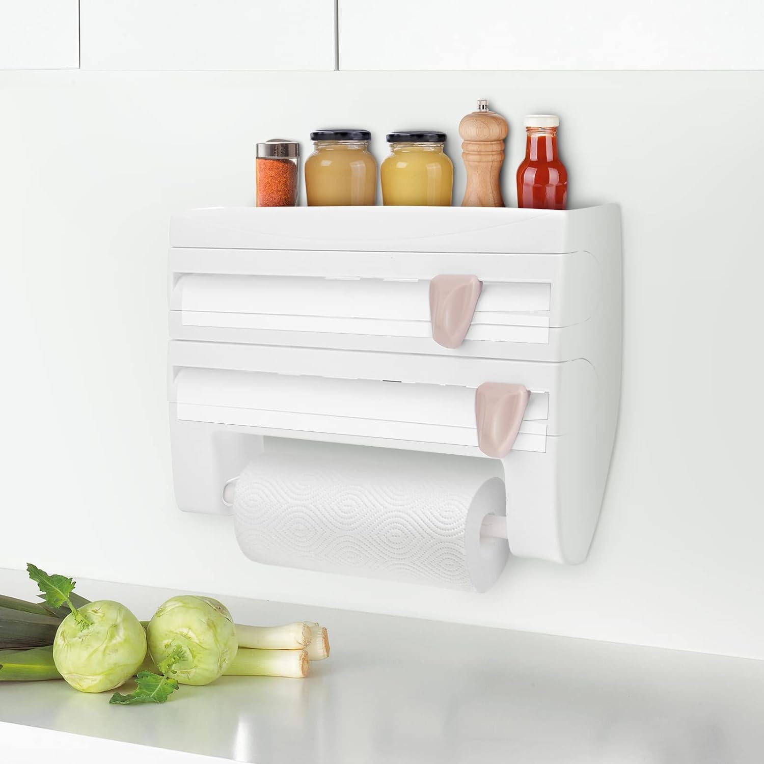 Porte-Rouleau De Papier Cuisine Blanc - Support En Fer Avec 2 Crochets Acrylique, Sans Perçage, Pour Cuisine/Salle De Bain