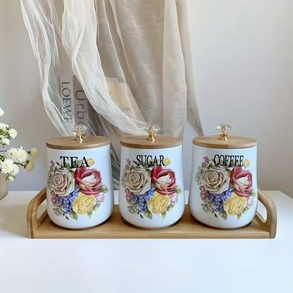 Ensemble de Pots de Luxe en Céramique avec Couvercles Hermétiques – Café, Thé et Sucre