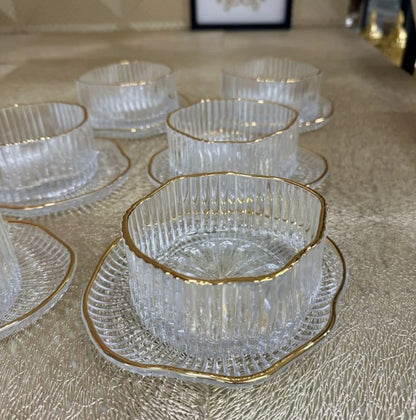 Service de 6 Tasses et 6 Assiettes Côtelées Bord Doré – Vaisselle Élégante