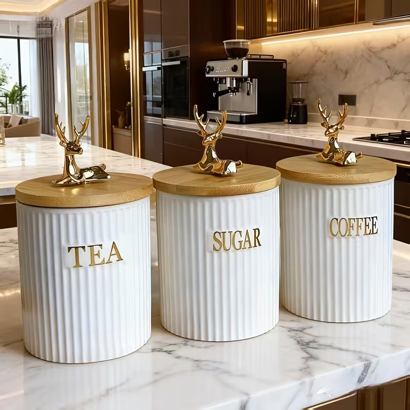 Ensemble de Pots de Luxe en Céramique avec Couvercles Hermétiques – Café, Thé et Sucre