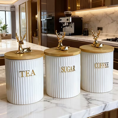 Ensemble de Pots de Luxe en Céramique avec Couvercles Hermétiques – Café, Thé et Sucre
