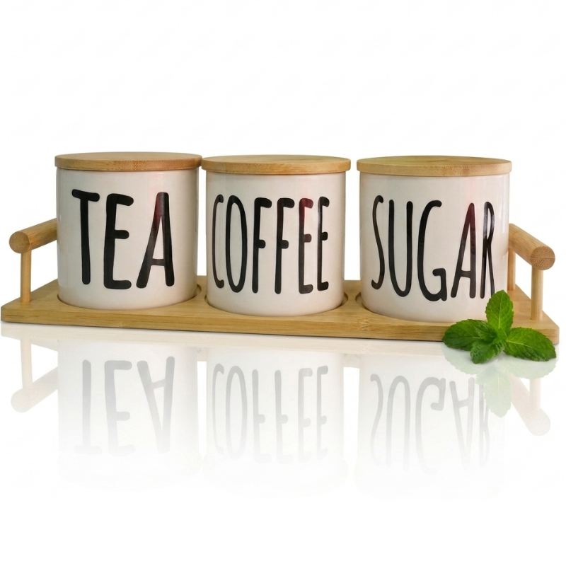 Ensemble de Pots de Luxe en Céramique avec Couvercles Hermétiques – Café, Thé et Sucre